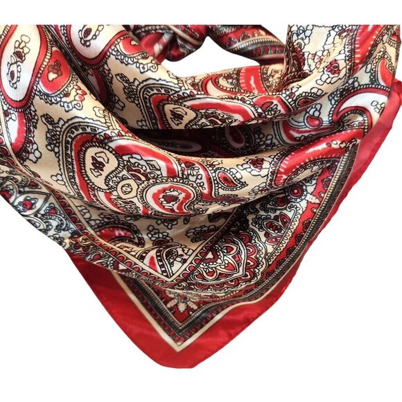 Red Black Paisley Silk Scarf Western Wild Rage Boho Chic Square Lightweight Retr - Picture 2 of 9